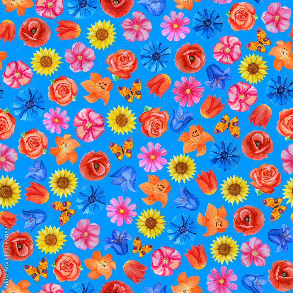 Fototapeta premium Seamless floral pattern on blue background. Different bright flowers.