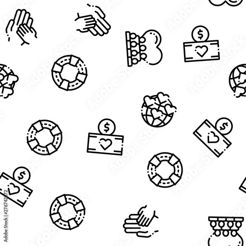 Volunteers Support Vector Seamless Pattern. Volunteers Support, Charitable Organizations Linear Pictograms. Blood Donor, Food Donations, Financial Help, Humanitarian Aid Color Contour Illustrations