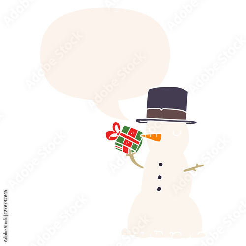 cartoon snowman and speech bubble in retro style