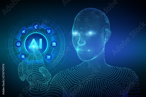 AI. Artificial intelligence. Machine learning. Wireframed female cyborg hand touching digital graph interface. Big data analysis and automation technology. Touch the future. Vector illustration.