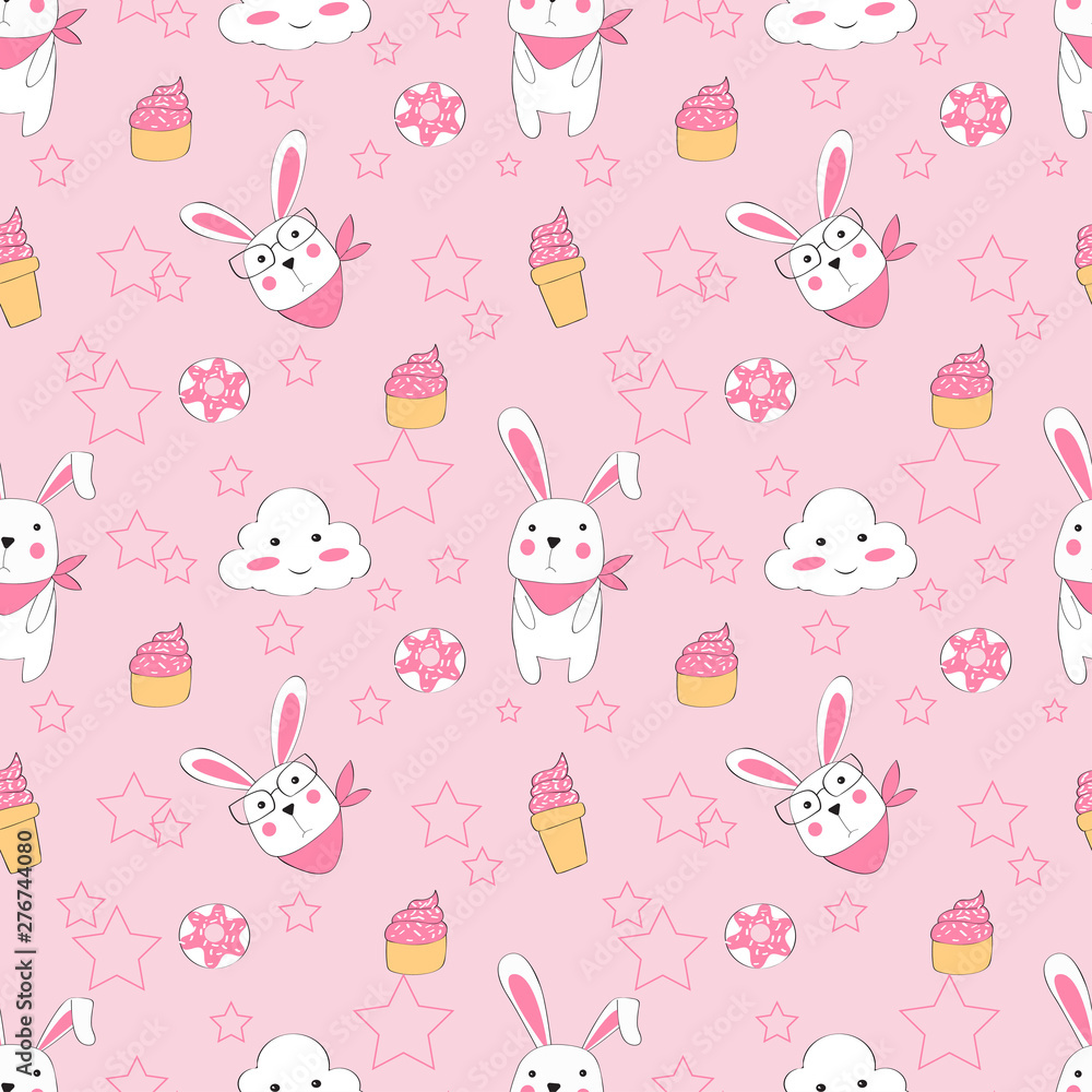 Vector seamless pattern with cute rabbit pink. Pattern for fabric, baby clothes, background, textile, wrapping paper and other decoration.
