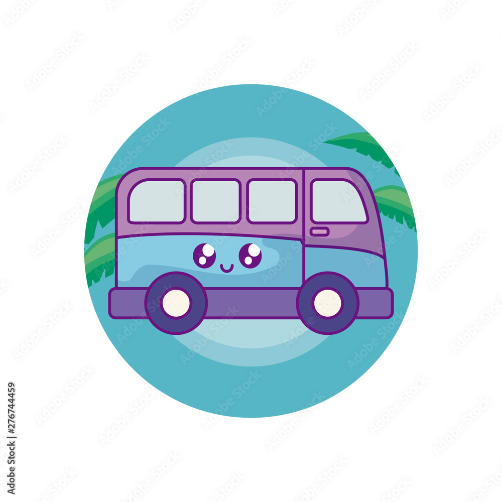 van vehicle kawaii in frame circular with leafs tropicals van vehicle kawaii in frame circular with leafs tropicals