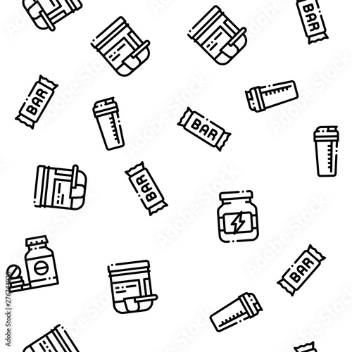 Sport Nutrition Cells Vector Seamless Pattern. Sport Nutrition for Sportsmen Linear Pictograms. Dietary Nutrition, Protein Ingredients, Wheys, Bars for Bodybuilding Color Contour Illustrations