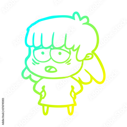 cold gradient line drawing cartoon tired woman