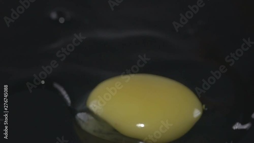 The contents of the broken egg, yolk and protein, slowly slide on the black surface. The concept crack an egg for Breakfast and fresh eggs. Super slow motion 1000 fps photo