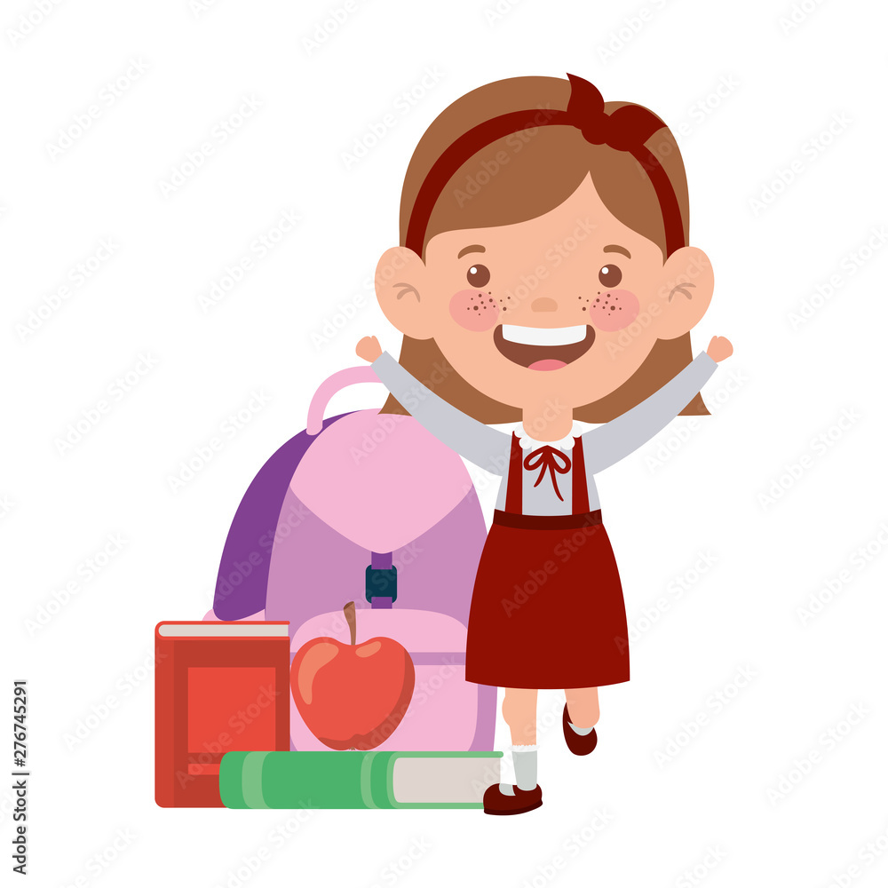 student girl with school supplies on white background