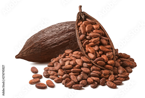Cocoa pod and many raw beans isolated on white background