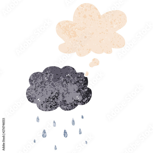 cartoon cloud raining and thought bubble in retro textured style