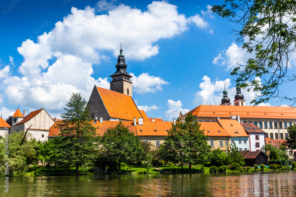 Castle Telc across pond. UNESCO World Heritage Site. South Moravia, Czech Republic.
