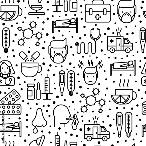 Influenza seamless pattern with thin line icons of symptoms and treatments: runny nose, headache, pain in throat, temperature, pills, medicine. Vector illustration for background.