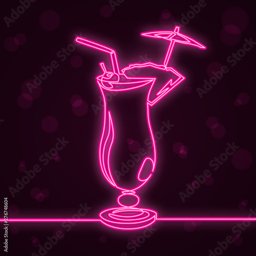 Cocktail Pina Colada. Pink neon. Continuous one line drawing. Vector.