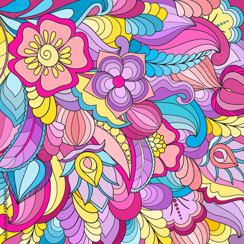 The  bright background with doodle  flowers and plants for decoration