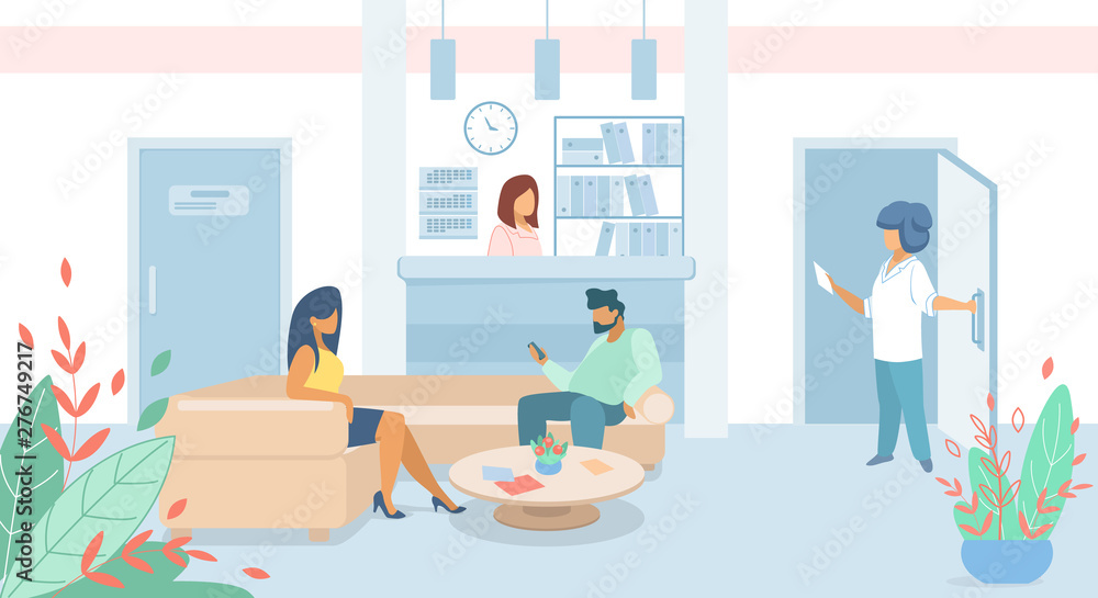 Fototapeta premium Man and Woman Patients Sitting in Clinic Lobby