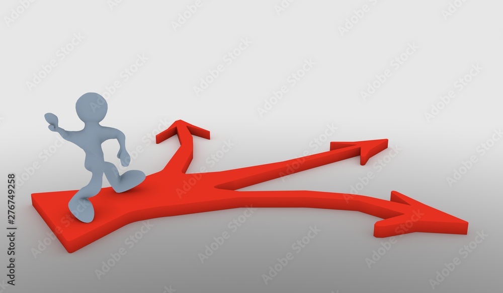 Cartoon character with choices, directions to achieve success Cartoon character with choices, directions to achieve success
