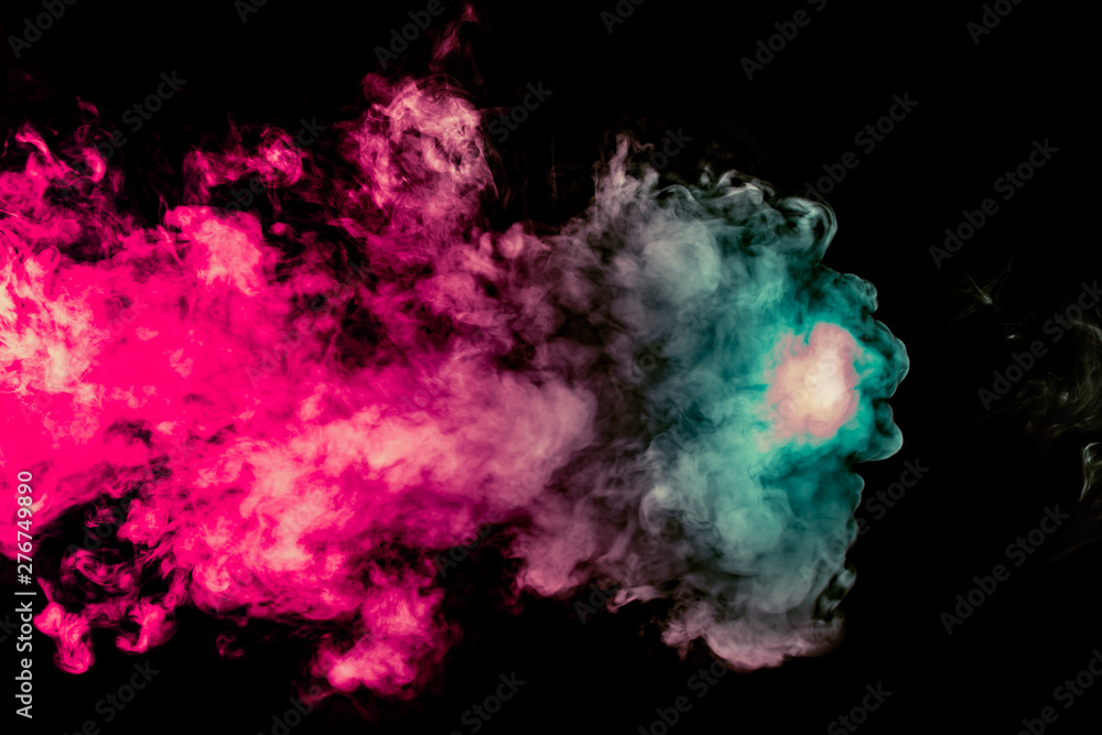 Fototapeta premium Colored background with winding clouds of smoke from patterns of different forms of pink, green and blue colors with tongues of flame on a black isolated background