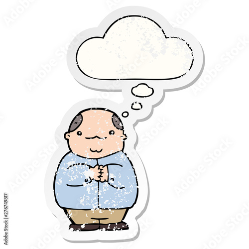 cartoon balding man and thought bubble as a distressed worn sticker