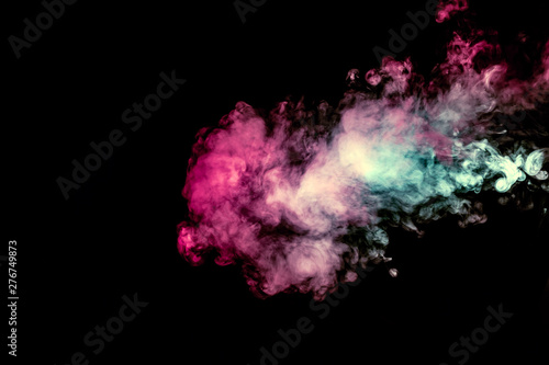 Colored background with winding clouds of smoke from patterns of different forms of pink, green and blue colors with tongues of flame on a black isolated background