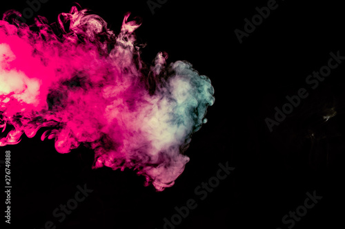 Colored background with winding clouds of smoke from patterns of different forms of pink, green and blue colors with tongues of flame on a black isolated background © Aleksandr Kondratov