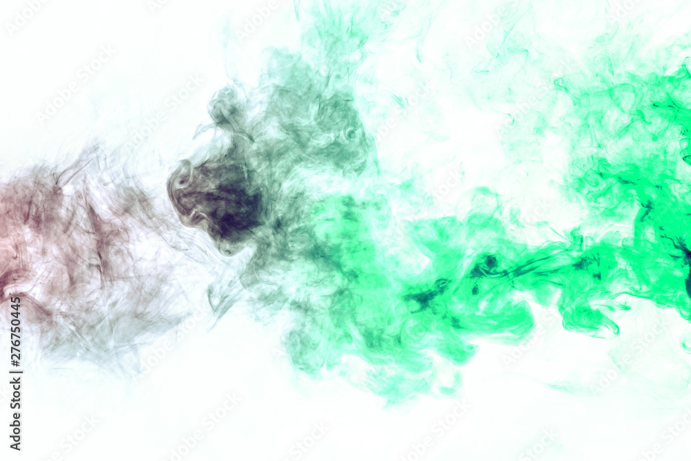 Fototapeta premium Colored background with winding clouds of smoke from patterns of different forms of red, green colors with tongues of flame on a white isolated background as ink or poison
