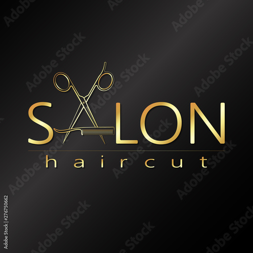 Scissors and comb gold color. Design for beauty salon and hairdresser