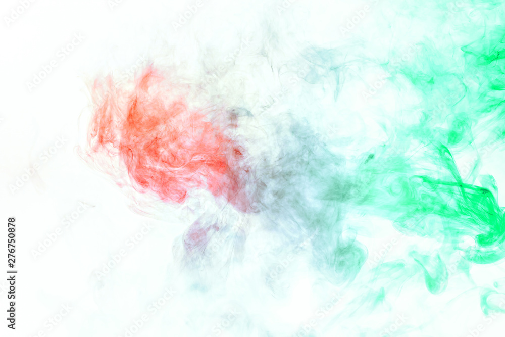 Colored background with winding clouds of smoke from patterns of different forms of red, green colors with tongues of flame on a white isolated background as ink or poison