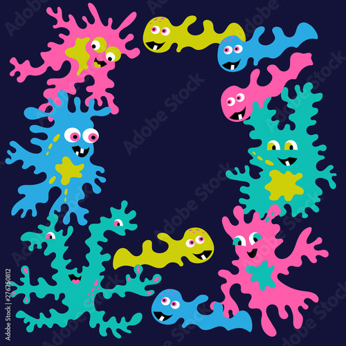 Fototapeta Naklejka Na Ścianę i Meble -  Cute cartoon little monsters . Doodle vector frame
