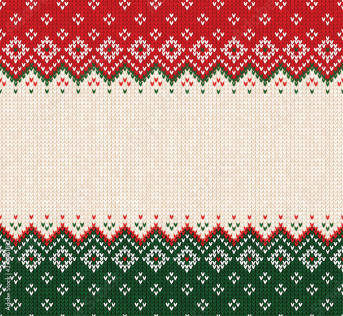 Ugly sweater Merry Christmas ornament scandinavian style knitted background seamless frame border