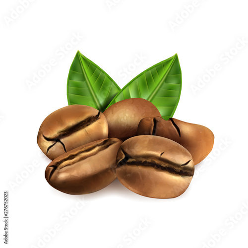 Coffee beans set and leaf on a white background, for design. Vector