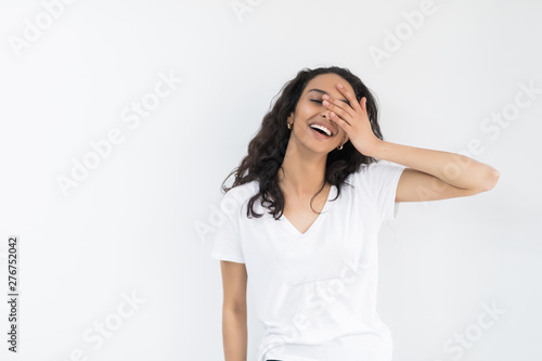 Beautiful nice girl with toothy smile isolated on white background