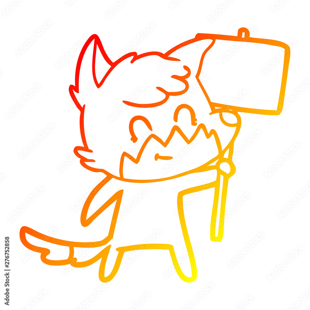 warm gradient line drawing cartoon friendly fox with sign warm gradient line drawing cartoon friendly fox with sign