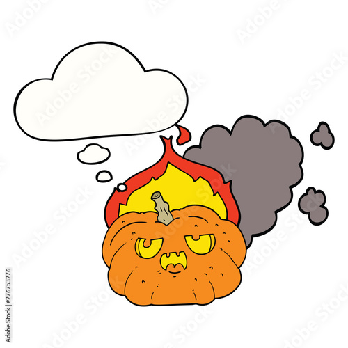 cartoon flaming halloween pumpkin and thought bubble