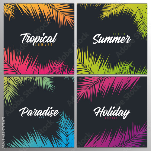 Set of Summer Tropical palm leaves. Exotic palms tree. Floral Background.