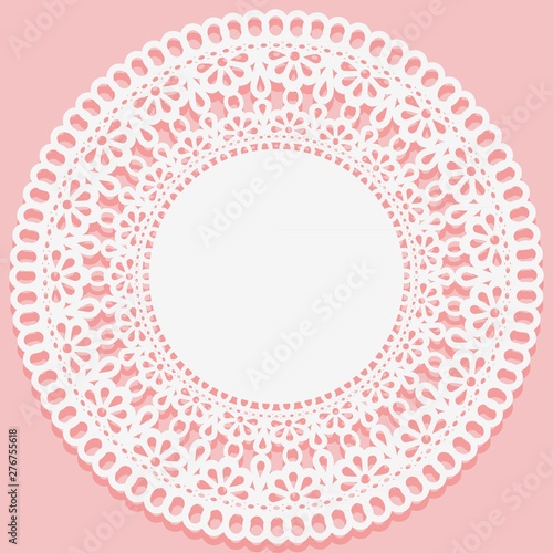 White lace napkin on a pink background. Decoration in the form of openwork round frame. Suitable for laser cutting of paper, wood, cardboard or metal. Vector illustration