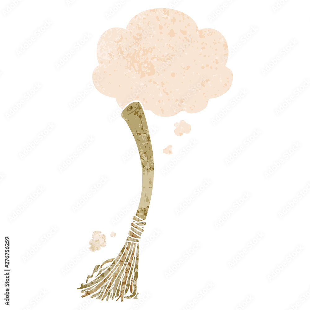 cartoon magic broom and thought bubble in retro textured style
