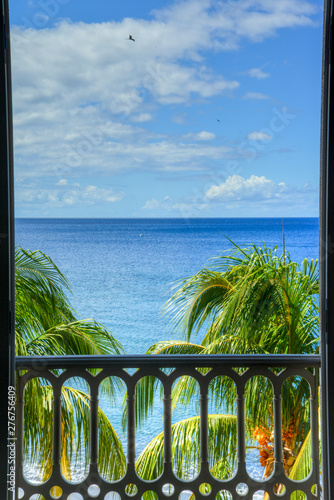 view from the balcony on Caribbean ocean with palms trees on Martinique Island