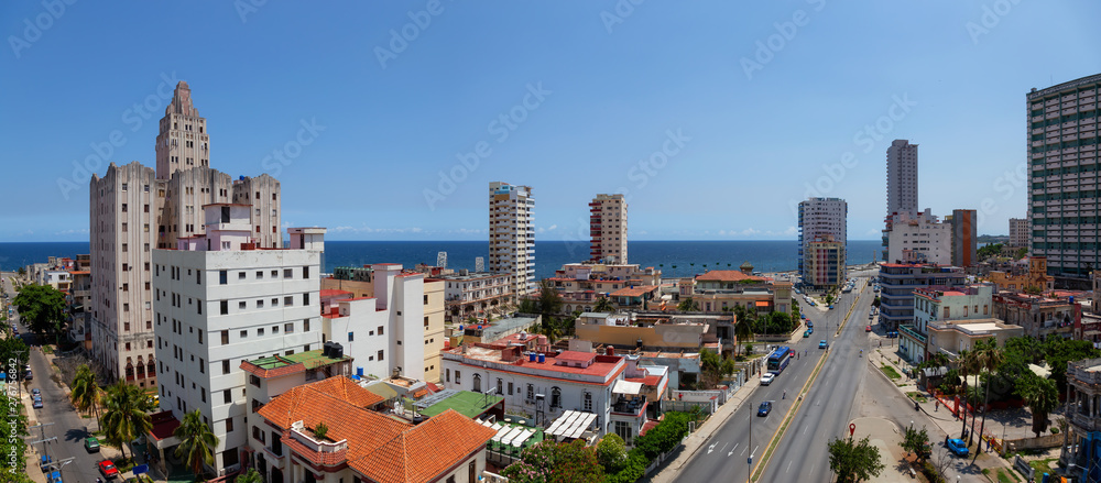 Aerial Panoramic view of the Havana City, Capital of Cuba, during a bright and sunny day.