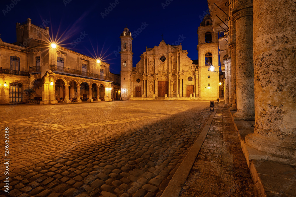 Beautiful view of The Cathedral of the Virgin Mary the Cathedral Plaza in Havana, Capital of Cuba, during night time before sunrise.