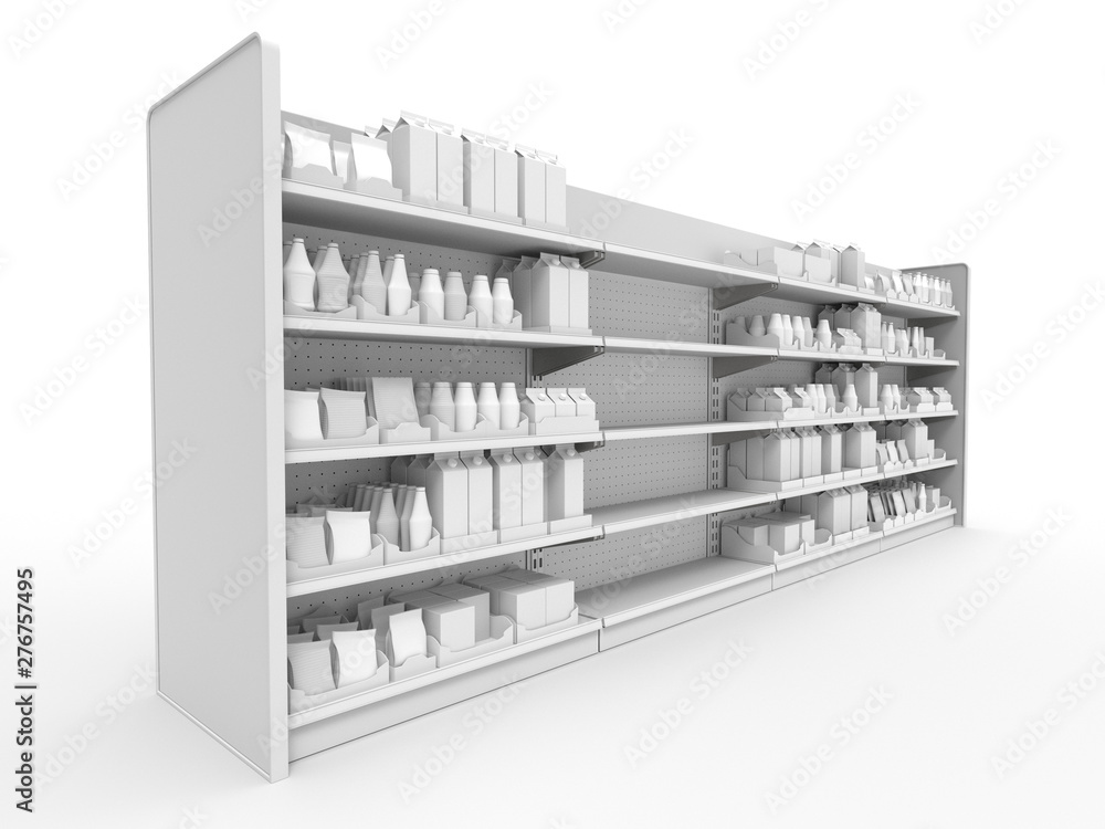 Supermarket Shelves With Lots Of Products. 3D rendering