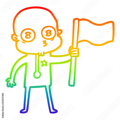 rainbow gradient line drawing cartoon weird bald spaceman with flag