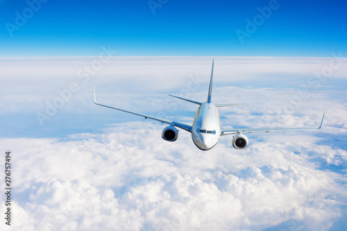 Passenger airplane performing flight flies in the sky.