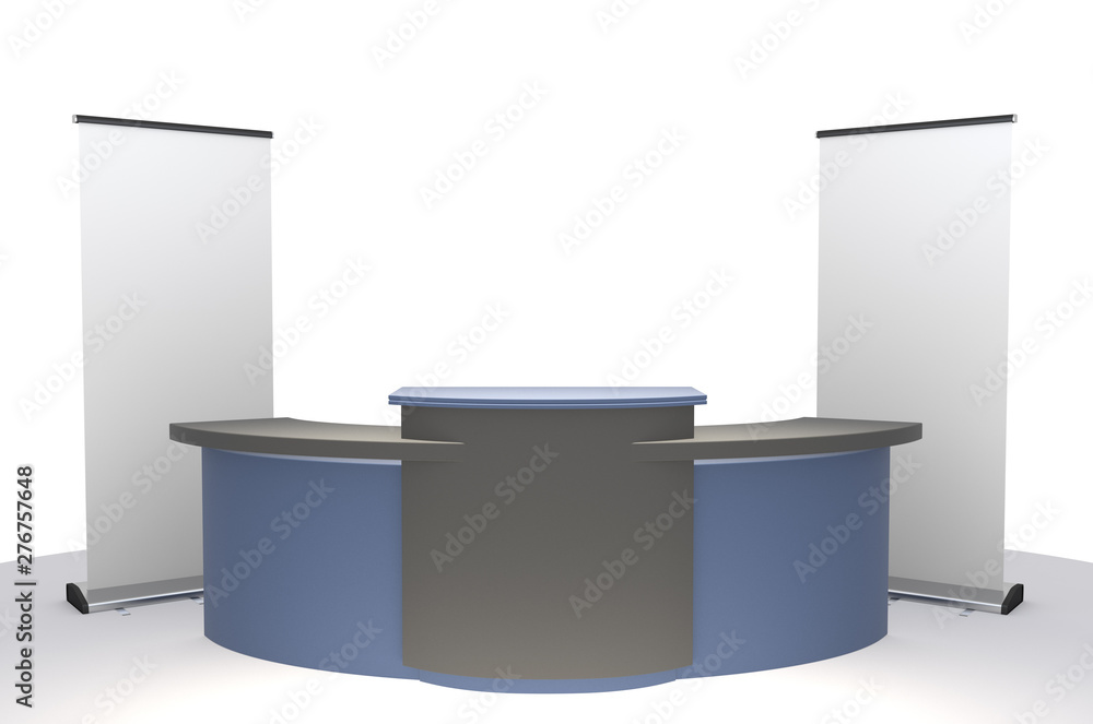 Fair Trade Exhibition Stand. Booth With Banner And Counter. 3D render Fair Trade Exhibition Stand. Booth With Banner And Counter. 3D render