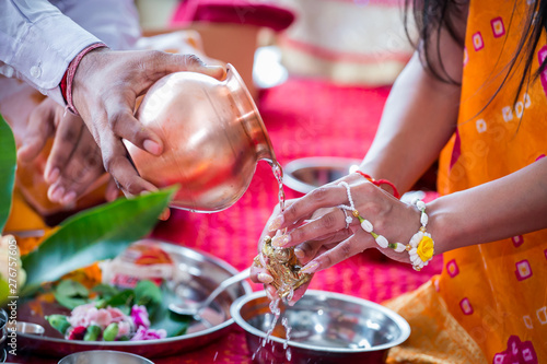 Indian hindu pre wedding ritual pooja items close up