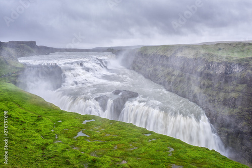 Gullfoss waterfall  amazing nature  Icelandic summer landscape. Scenic top view of falling water in the canyon of Hvita river  southwest Iceland. Outdoor travel background