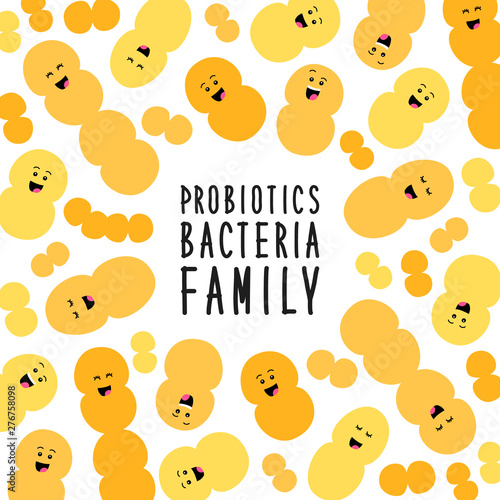 Funny probiotics bacteria family background isolated on white, gut and intestinal flora, set in flat style