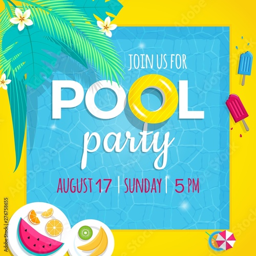 Pool party invitation vector illustration tamplate with swimming pool background