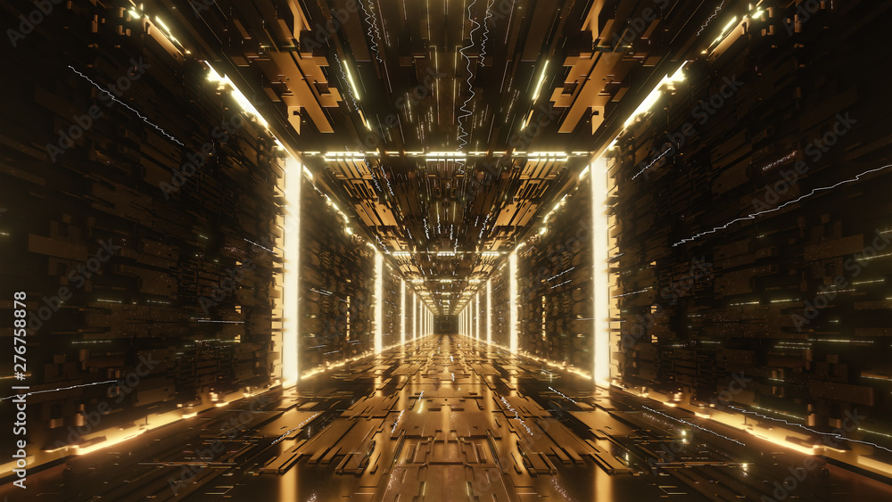 3d render gold Digital futuristic neon tunnel - obrazy, fototapety, plakaty 