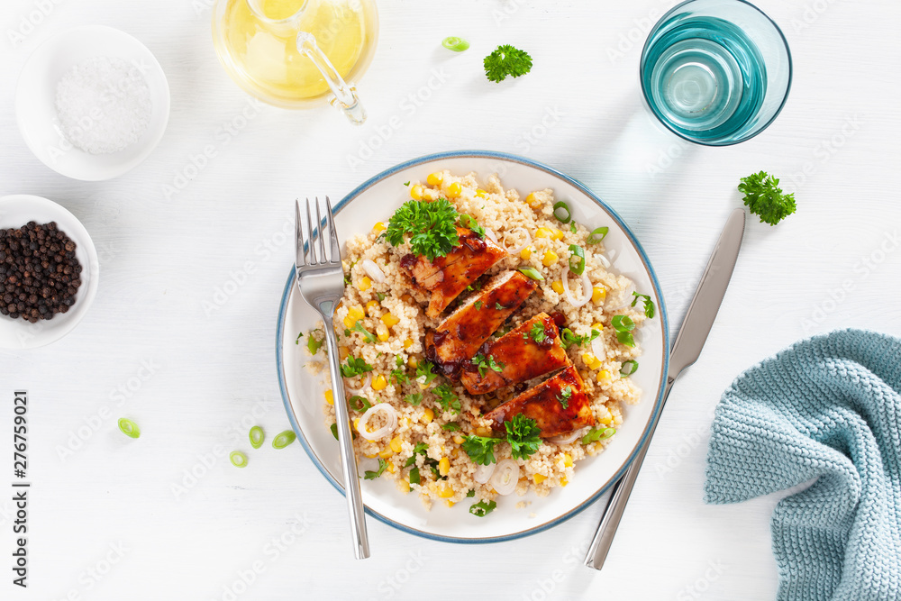 roasted bbq chicken with couscous sweetcorn onion, healthy lunch