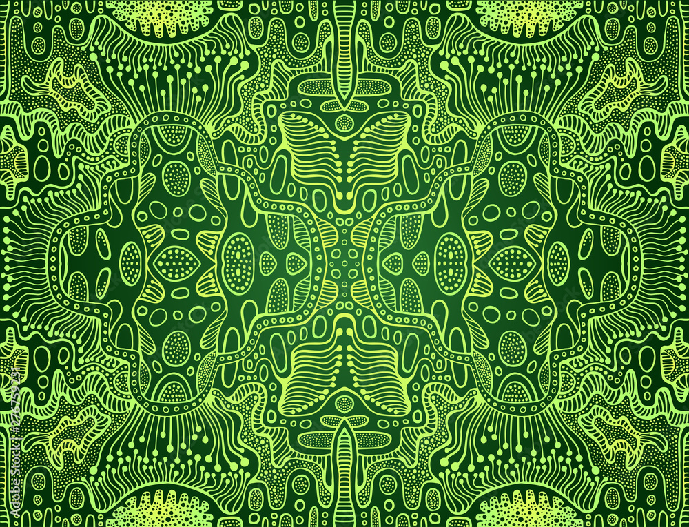 Psychedelic bright trippy colorful fractal mandala, lime, yellow gradient  color outline, on dark green background. Stock Vector | Adobe Stock