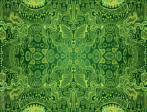 Psychedelic bright trippy colorful fractal mandala, lime, yellow gradient color outline, on dark green background.