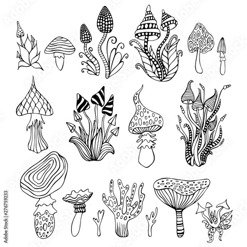 Big set with doodle psychedelic artistic abstract trippy mushrooms, isolated background. Coloring page cartoon hallucinogenic vector fantasy mushrooms.